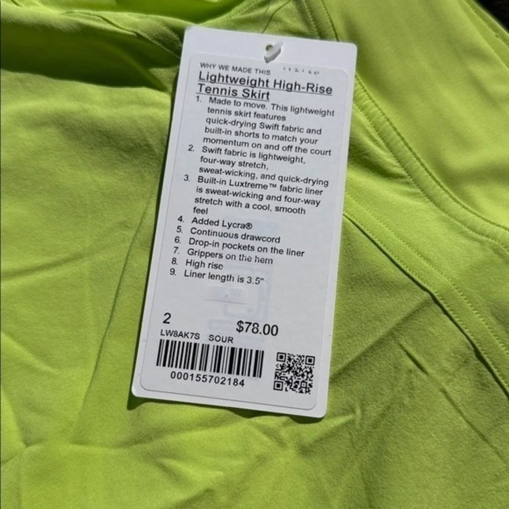 Lululemon Lightweight High-Rise Tennis Skirt Sour Grape green‎ size 2 NWT